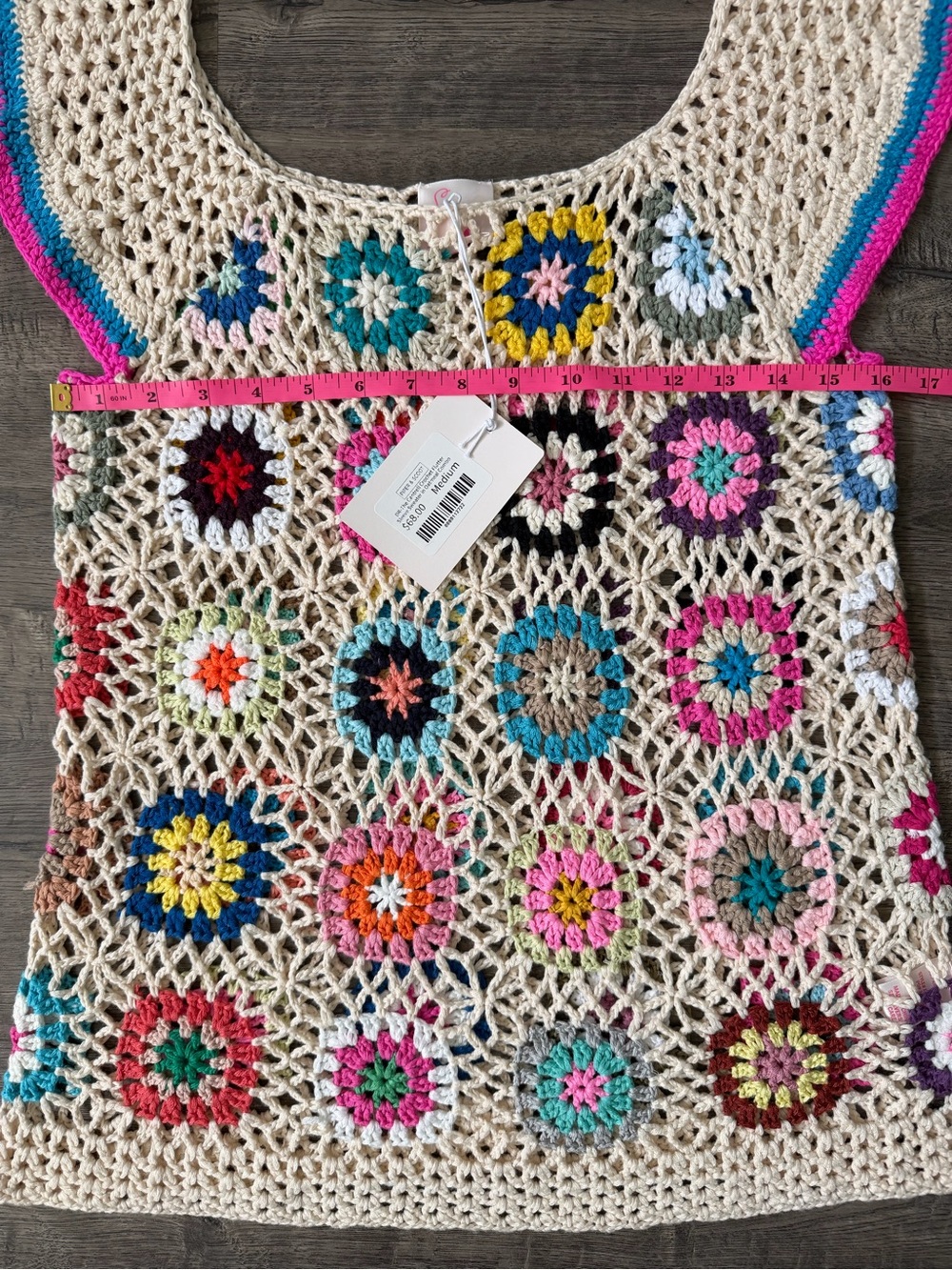 So Me Womens Granny Square Crochet Top Size M Oatmeal Boho Patchwork Festival - Picture 6 of 9